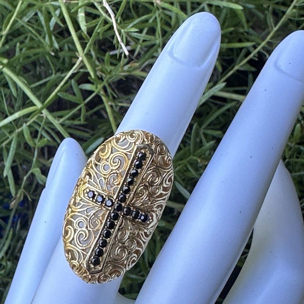 VTG Bellezza‎ Statement Ring Sz 5 Black Spinel Cross Yellow Gold Plated Filigree - Picture 10 of 12